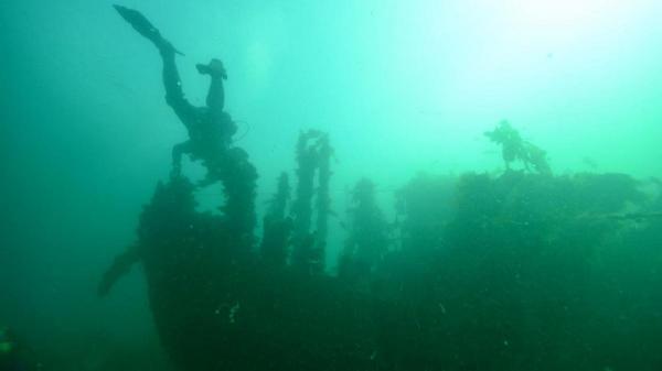 MV Queen - diver inspecting bow of wreck